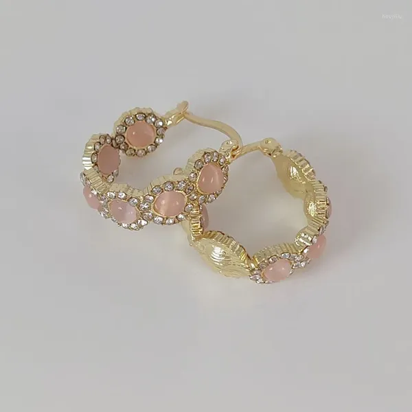 Brincos de parafuso prisioneiro design coreano moda jóias 14k banhado a ouro redondo zircão rosa opala hoop acessórios de festa de luxo feminino