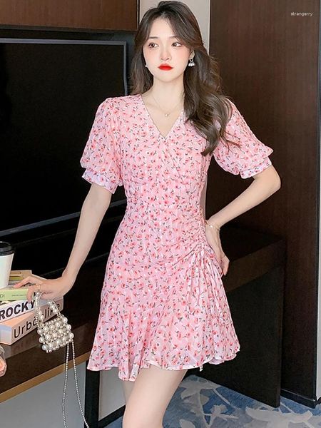 Бальные платья, летнее розовое пляжное мини-платье с пышными рукавами и цветочным принтом, женское модное облегающее платье-русалка 2024, элегантное корейское повседневное платье для выпускного вечера