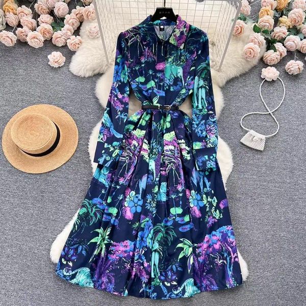 Sıradan Elbiseler Sonbahar Kadınlar Turn Turn Task gömleği moda vintage kuşlar çiçek baskılı vestidos bayanlar pileler midi elbise kemeri