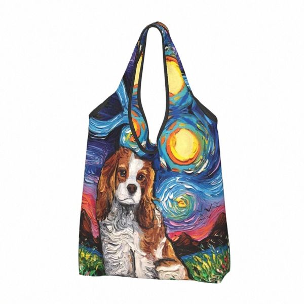 Personalizado Cavalier King Charles Spaniel Retratos de animais de estimação Bolsas de loja de arte femininas portáteis de grande capacidade Bolsas de compras para cães 5649 #