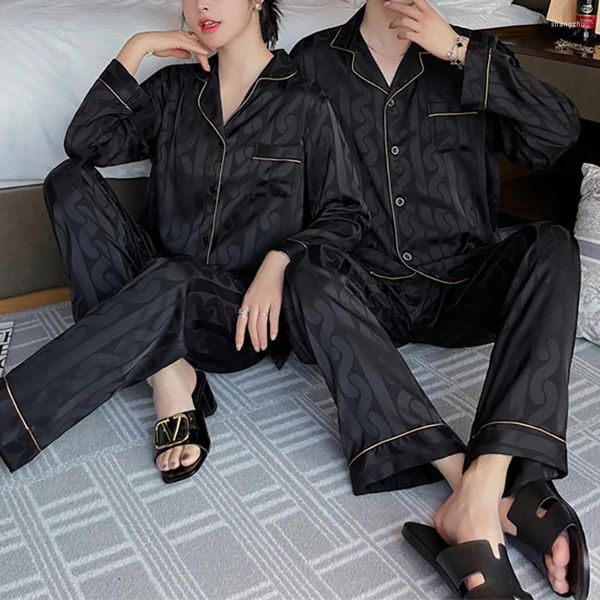 Mulheres sleepwear jxgarb mulheres homens cor preta primavera outono impresso elegante casais pijamas conjuntos de gelo-seda feminino amantes masculinos nightwear 2024