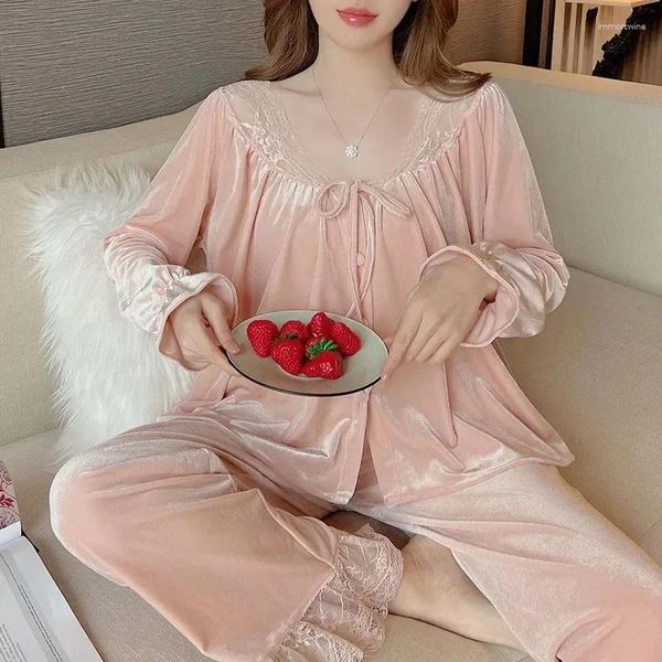 Mulheres sleepwear 2024 manga longa pijama conjunto casual cardigan rosa macio casa roupas moda botões outono inverno