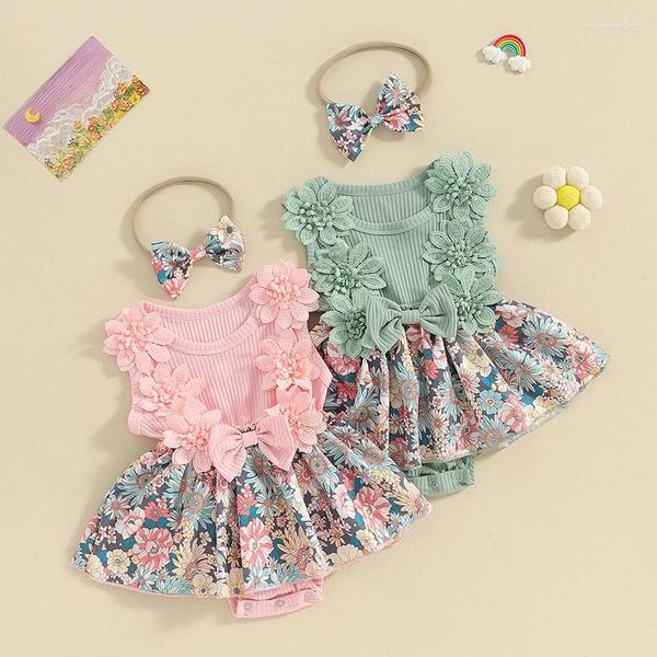 Conjuntos de roupas para bebês meninas gola redonda sem mangas estampa floral saia bainha macacão infantil vestido com faixa de cabeça verão 2 peças conjunto para 0-24 meses