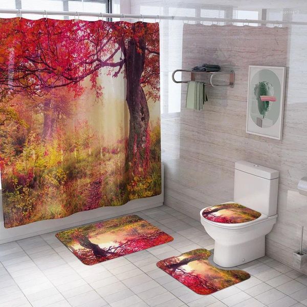 Chuveiro cortinas árvores vermelhas floresta tecido cortina ensolarado selva banheiro conjunto antiderrapante tapetes tampa do toalete tapete