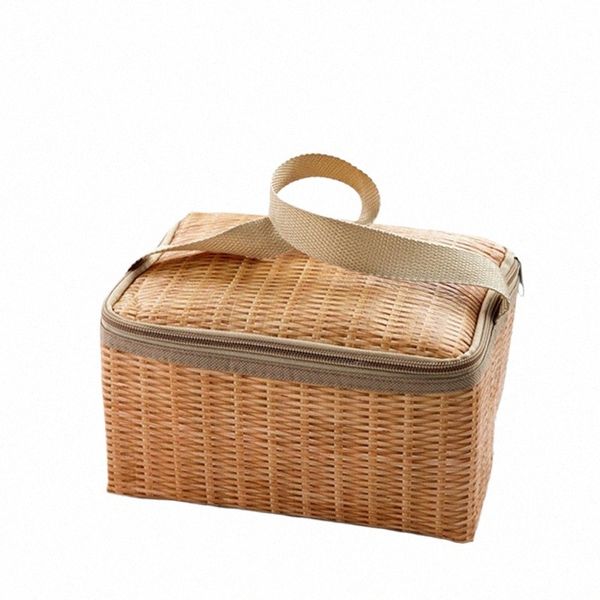 imitati Rattan Food Picnic Lunch Bag portátil isolado Thermal Cooler Straw Lunch Box Outdoors Picnic Tote Picnic Bags s91E #