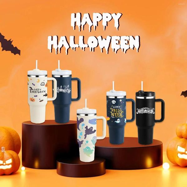 Tazze Tazza termica di Halloween Tazza isolante per caffè in paglia da 40 once con manico Bottiglia d'acqua portatile in acciaio inossidabile per auto di grande capacità