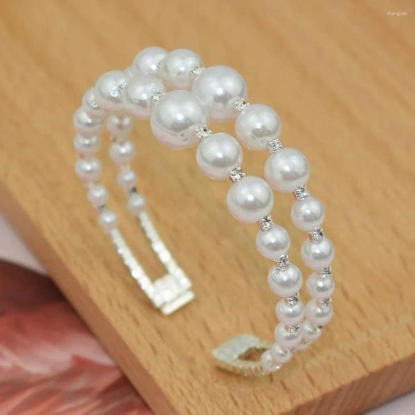 Bracciale rigido a due file con perle barocche, ciondolo con zirconi cubici, polsino largo, gioielli da sposa, braccialetti con perline multistrato, da donna