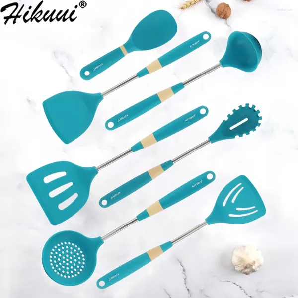 Set di pentole Utensili da cucina in silicone da 7 pezzi Utensili da cucina antiaderenti Design esteso Manico in acciaio inossidabile