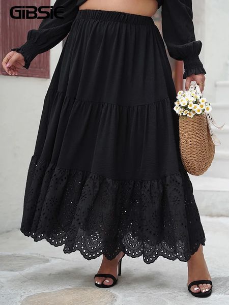 GIBSIE Plus Size Scava fuori smerlato Orlo increspato Gonna lunga Donna Vacanza Boho Elastico in vita Aline Estate Maxi Gonne 2024 240321