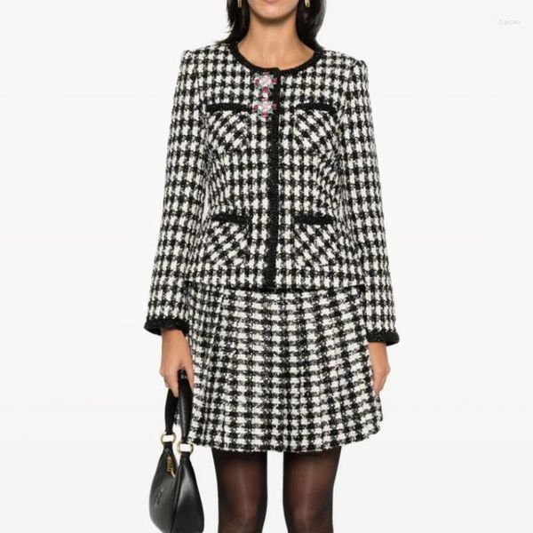 Jaquetas femininas 2024 outono e inverno houndstooth tweed terno mulheres