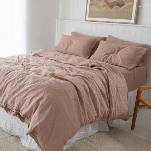 Set di biancheria da letto in lino lavato con chiusura a cerniera, letto strutturato rinfrescante per dormienti, copripiumino, lenzuolo con angoli, federa