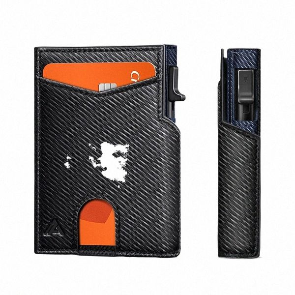 Carteira masculina Ultra-fino Frt Pocket Wallet RFID Blindado Carb Fiber Credit Card Holder 31yK #