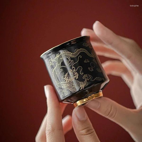 Copos pires preto moído ouro pintado cerâmica mestre copo dragão totem chá estilo chinês único kungfu teacup para