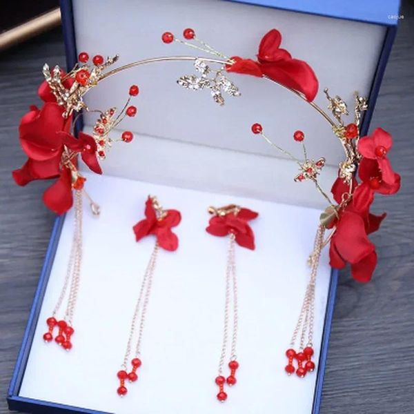 Kolye küpeler seti moda kırmızı çiçek başı dekor gelin tiaras kafa bandı başlık düğün taçları küpe takı aksesuarları kadınlar için