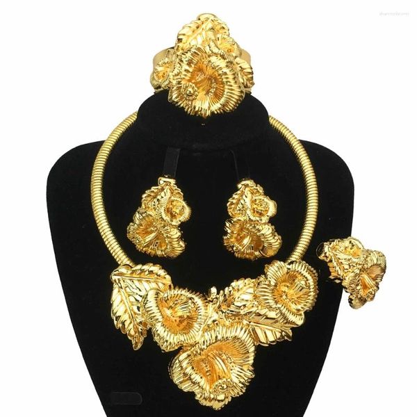 Collana Orecchini Set Dubai Gioielli italiani placcati oro Donna Festa di nozze Banchetto Ciondolo fiore Grassetto FHK17059