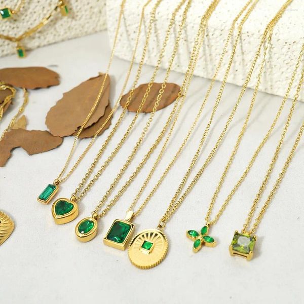 Anhänger Halsketten Koreanische Ins Stil Grün Zirkon Herz Halskette Für Frauen Männer Paar Edelstahl Gold Farbe Kette Blatt Geometrische Geschenke