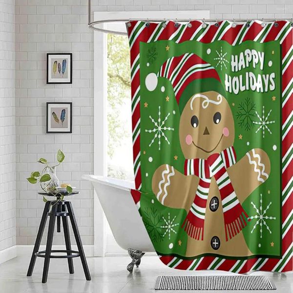 Cortinas de chuveiro Gingerbread Man Cortina Vermelho Verde Listras Diagonais Impressas Tecido de Poliéster À Prova D 'Água Banheiro Com 12 Ganchos