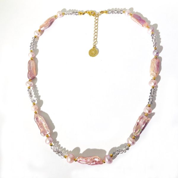 Collana di perle d'acqua dolce naturali collana esagerata per le donne collana piatta irregolare barocca rosa con perline di pipa perlina di vetro perlina di metallo regalo di fascia alta catena clavicola