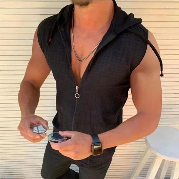 Herren-Tanktops, kurzärmelig, mit Kapuze und Reißverschluss, Strickjacke, T-Shirt, 2024 Frühjahr/Sommer, modisches kariertes ärmelloses Revers-Top