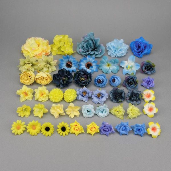 Dekorative Blumen, 48 Stück, gelbe künstliche Seidenblumenköpfe, Kombi-Set in großen Mengen für DIY Haustür, Girlande, Nähen, Dekor, gefälschte Rose