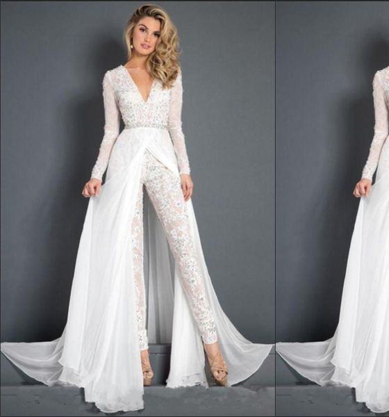 2019 Abito da sposa in chiffon Tuta con strascico Modesto scollo a V Manica lunga Cintura di cristallo Sash Beach Tuta casual Abito da sposa Pantaloni8704489