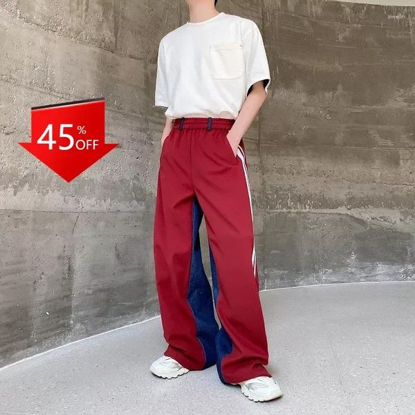 Pantaloni da uomo Y2K Casual cuciture in denim pantaloni di lana rossi larghi dritti streetwear uomo larghi Hosen abbigliamento vintage