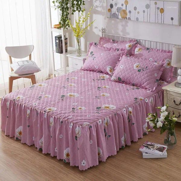 Saia de cama 3 peças de inverno estampa floral acolchoada colcha espessada lençol série flor (1 e 2 fronhas/pacote)