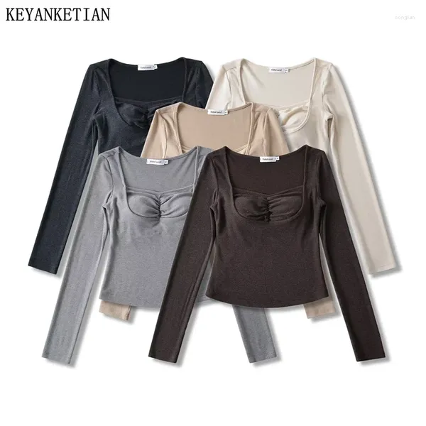 Damen-T-Shirts KEYANKETIAN 2024 Launch Chest Pad Design Langarm-Strick-T-Shirt Frühling Basic Sweet Slim Crop Top Skinny Tees