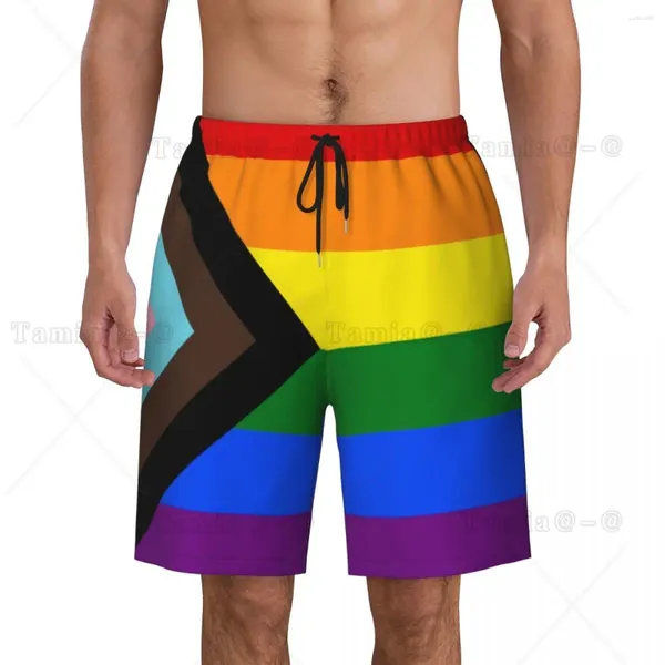 Shorts masculinos personalizados LGBT Progress Pride Flag Swim Trunks Homens Quick Dry Board Gay Ternos de banho Boardshorts