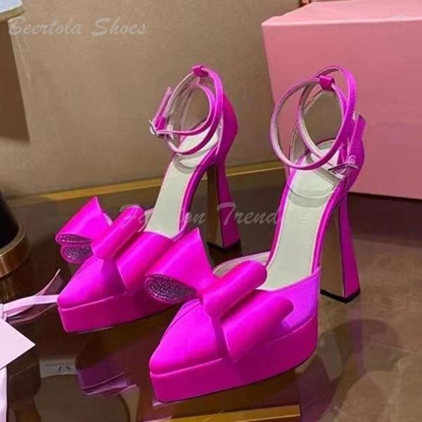 Sapatos de vestido fúcsia plataforma saltos de cristal rosa mulher vermelha sandálias de cetim branco arco fivela bomba pontiaguda elegante pintainho