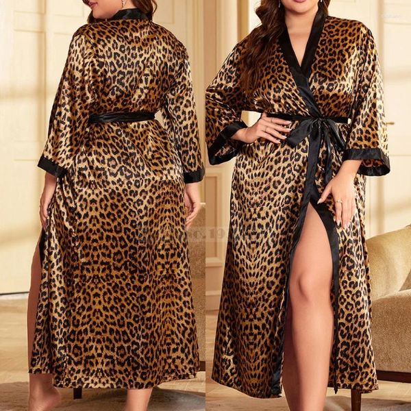 Startseite Kleidung Plus Size Sexy Leopard Kimono Bademantel Kleid Weibliche Lange Robe Nachthemd Nachtwäsche Lose Satin Kleid Lounge Wear 3XL 4XL 5XL