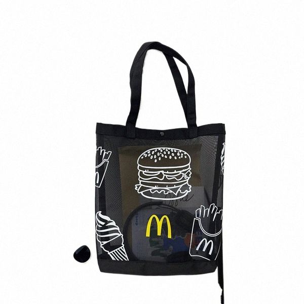 novidade Hamburger Food Peripheral Mesh Tote Folding Beach Bag Lightweight Shopper Portátil Fi Stylish Grocery Bag Black k7Hf #