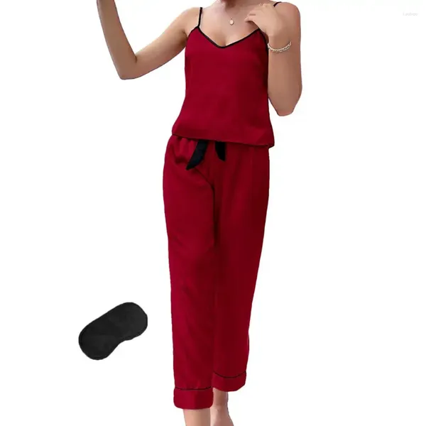 Женская одежда для сна, 2 шт./компл., пижамные комплекты, комплект с эластичной резинкой на талии, летняя ночная одежда, шелковистая однотонная пижама с повязкой на глазу