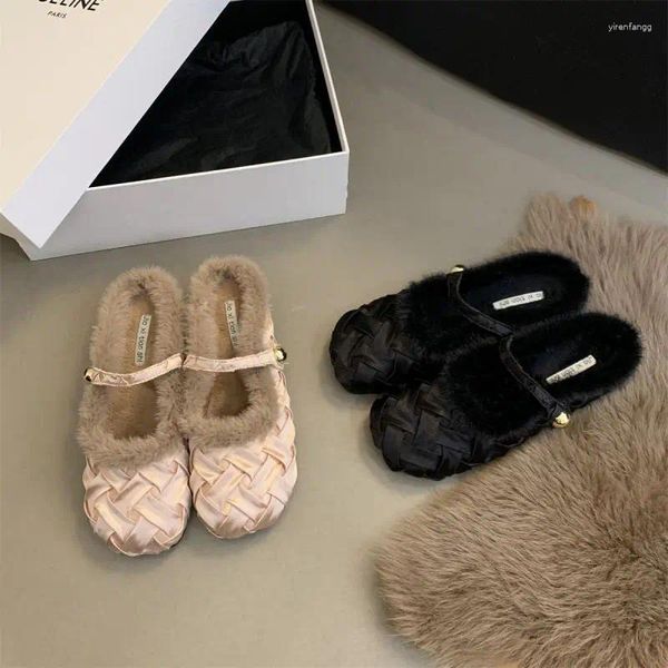 Pantofole retrò da donna Mary Jane in peluche 2024 autunno/inverno fondo piatto isolante cotone casual