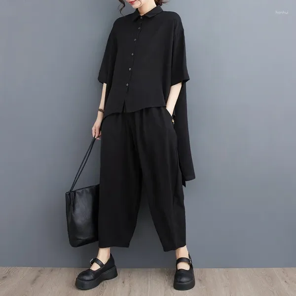 Calças femininas de duas peças # 2721 primavera verão preto assimétrico camisa longa e harem mulheres soltas 2 roupas para estilo coreano conjunto
