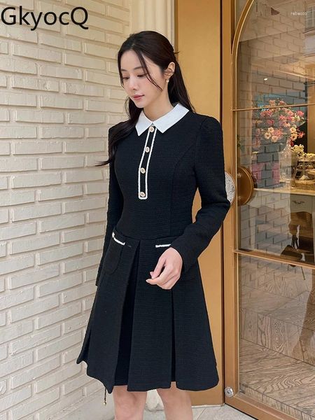 Casual Kleider GkyocQ Koreanische Mode Frühling Frauen Kleid Elegante Drehen Unten Kragen Langarm Schlanke Taille A-linie Kurze Plissee Tweed