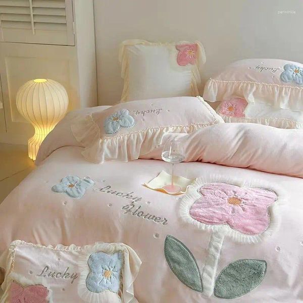 Set biancheria da letto URON SET CON 4 PEZZI FIORI FLANELLA PILE IN VELLUTO COPRIPIUMINO FEDERE LENZUOLA DOFT CALDO