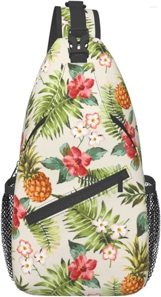 Rucksack, tropische Ananas, Umhängetasche, Umhängetasche, hawaiianische Ananas, nahtloses Muster, Palmblätter und Blumen, Brust