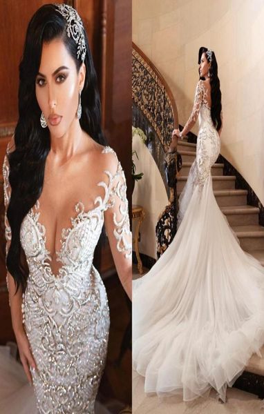 Luxo árabe sereia vestidos de casamento dubai spark cristais mangas compridas sheer top vestidos de noiva tribunal trem tule saia casamento dre7651104