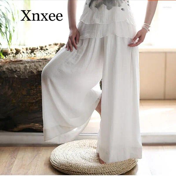 Calças femininas Hanfu Chinês Tradicional Pant Mulheres Outono Primavera Vintage Étnico Longo Branco Sólido Calças Largas Dançando Praia