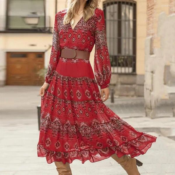 Freizeitkleider Strandkleid Böhmischer Vintage-Druck A-Linie mit enger hoher Taille V-Ausschnitt Damen Herbst Frühling Patchwork Langarm Mittelkalb