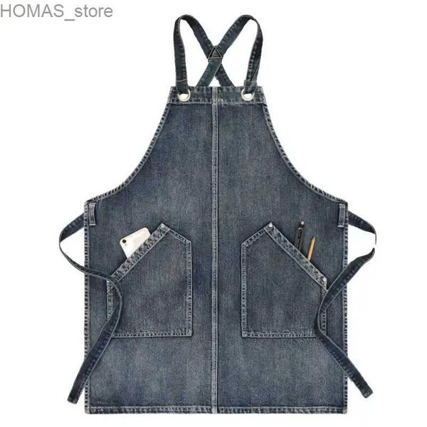 Schürzen Heißes Waschl Wasser Schwarz Blau Denim Schürze Restaurant Cafe Friseur Bäckerei Backbacken und Frauen Arbeit Kleidung Taille verstellbare Schürze Y240401