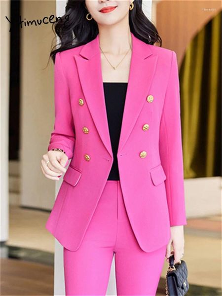 Calças femininas de duas peças Yitimuceng Office Ladies Define Womens Outifits 2024 Double Breasted Turn Down Collar Blazers Slim Chic Pant Suits