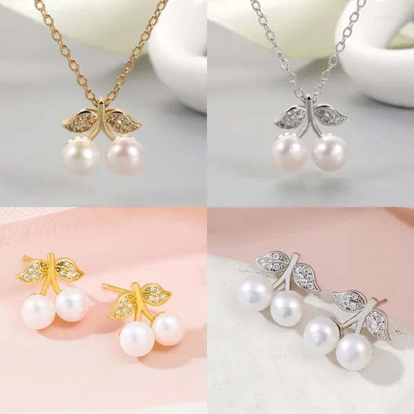 Colares Pingente 2024 Pérola Natural 6mm Japonês e Coreano Brincos de Verão Feminino Doce Cereja Clavícula Colar Conjunto de Jóias