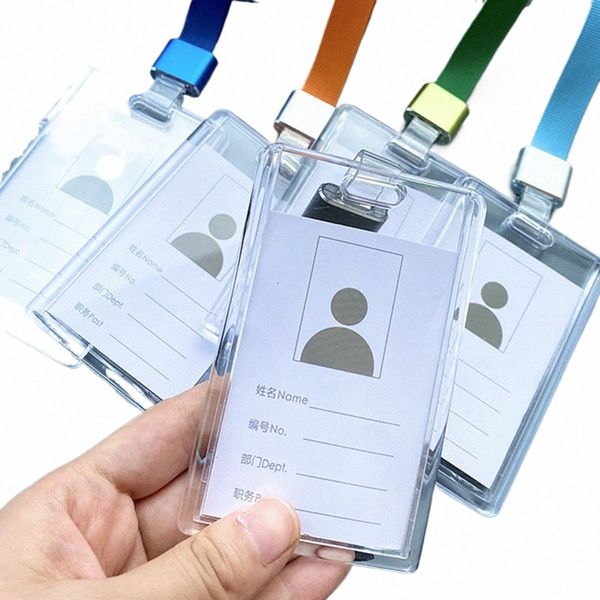 Transparente Acrílico Card Cover Case Lanyard Badge Holder Sliding Company Office Staff Employee ID Name Tag Pass Bus Card Sleeve x1sF #