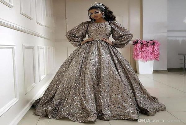 Abiti Quinceanera con paillettes scintillanti e gioiello collo manica lunga arabo stile Dubai abito da ballo drappeggiato gonfio dolce 16 abito da sera4404598