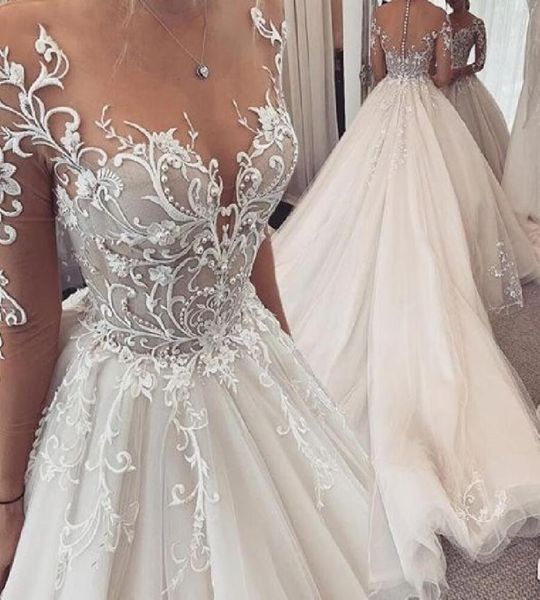 Ilusão mangas compridas vestidos de casamento 2021 jóia zíper voltar apliques pérolas trem longo vestido de novia custom4709682