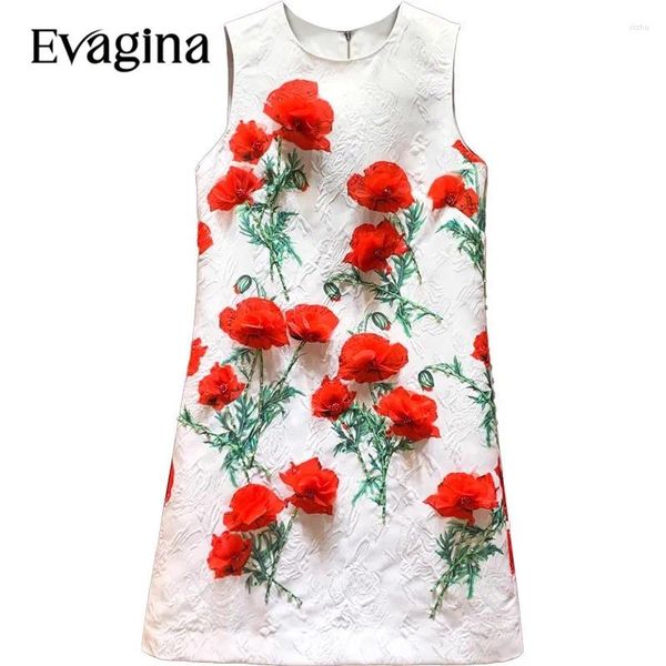 Lässige Kleider Evagina Mode Vintage Print Applikationen Nagelperlen Jacquard Minikleid 2024 Frühling Sommer Damen ärmellos Urlaub
