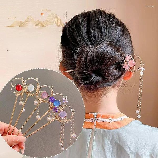 Acessórios de cabelo estilo chinês menina hairpin traje headdress passo shake flor pérola tassel pin clipes para meninas