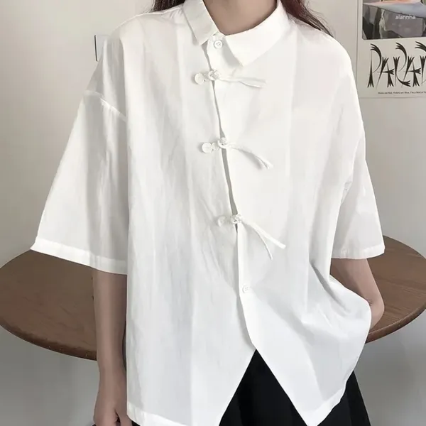 Blusas femininas versão coreana manga curta topos preto chinês placa oblíqua botão camisa verão solto peplum blusa estilo feminino retro